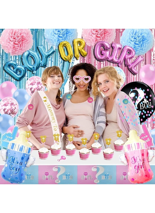 Bluegogo 124 Pcs Gender Reveal Decorations Kit, Gender Reveal Party Supplies with 36'' Gender Reveal Balloon Boy OR Girl Foil Balloon Paper Pompoms Tablecloth Photo Props for Gender Reveal Party Decorations  - Image 1