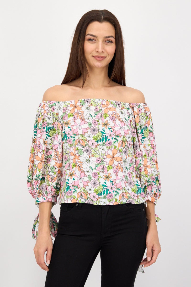 CeCe Women Off Shoulder Neck Balloon Sleeves Floral Print Top, Pink - Image 1