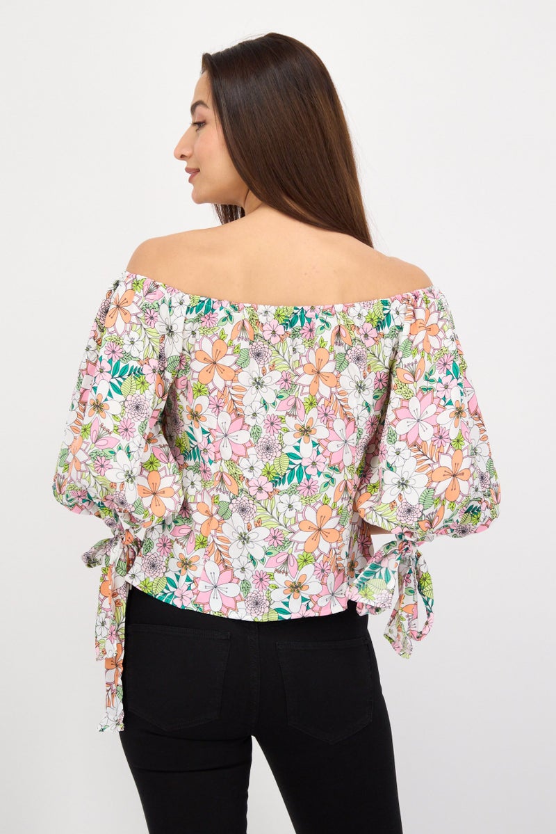 CeCe Women Off Shoulder Neck Balloon Sleeves Floral Print Top, Pink - Image 3