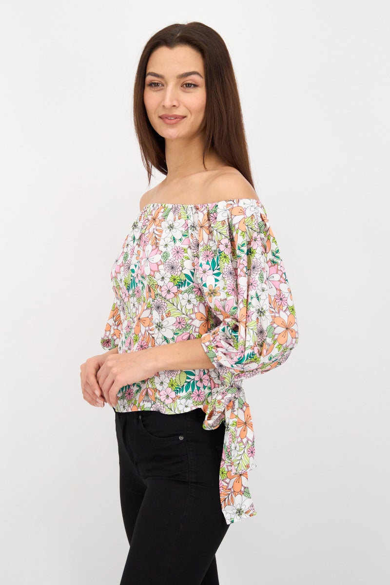 CeCe Women Off Shoulder Neck Balloon Sleeves Floral Print Top, Pink - Image 4