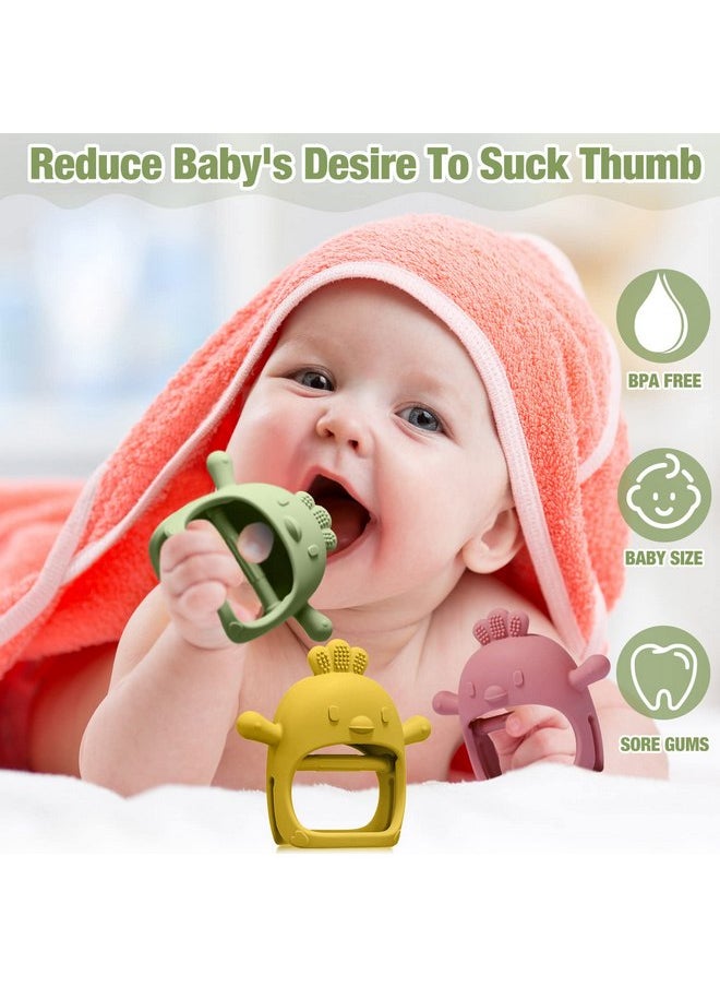 Chumia 3 Pack Baby Teether Teething Toys for Babies 0-6 Months Baby Teething Toy Silicone Anti Dropping Infant Hand Teether Pacifiers Wrist Hand Chew Toys for Sucking Needs (Olive Green, Red, Yellow, Chick)  - Image 5