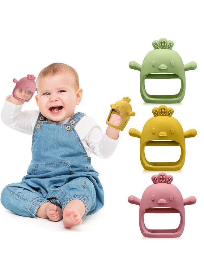 Chumia 3 Pack Baby Teether Teething Toys for Babies 0-6 Months Baby Teething Toy Silicone Anti Dropping Infant Hand Teether Pacifiers Wrist Hand Chew Toys for Sucking Needs (Olive Green, Red, Yellow, Chick)  - Image 1