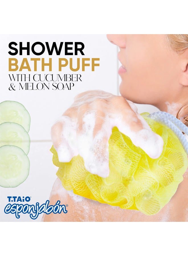 T. Taio T.Taio Esponjabon Shower Bath Puff Soap Sponge - Loofah Luffa Loufa Body Wash Ball - Mesh Pouf Scrubber for Full Cleanse Lather Skin Care - Beauty Bathroom Accessories - Cucumber & Melon Soap - Image 2