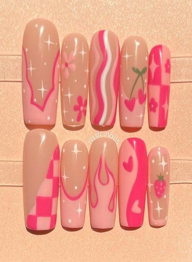 Dkriva Acrylic Long Rainbow Glossy Press on Nails,Artificial Fake False Press On Nails Matte Almond Shape Light Orange And Skin Colour Design (12 Pcs / 1 Box) (Multi Colour & Design)(4 PACK) - Image 3