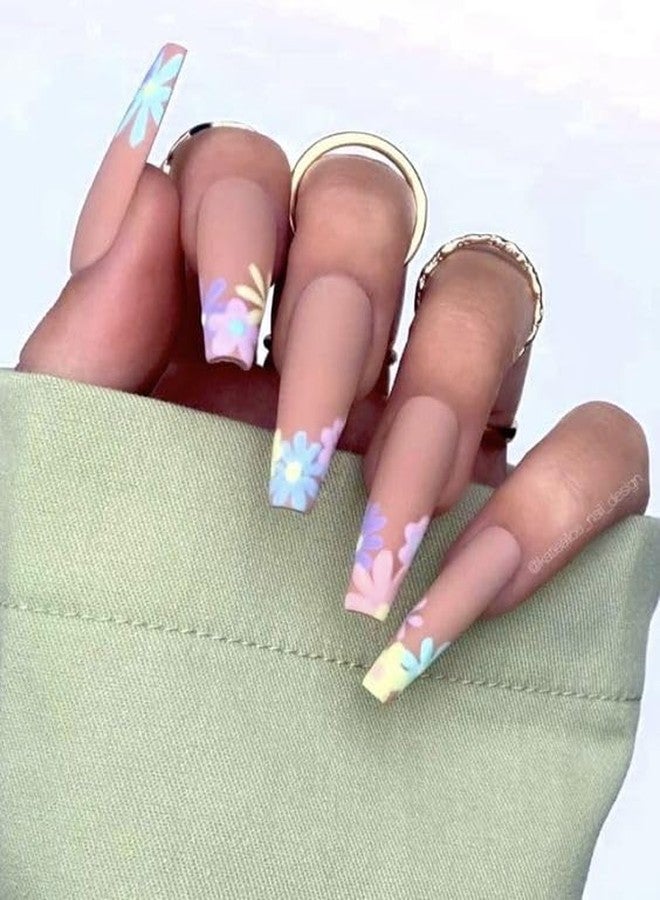 Dkriva Acrylic Long Rainbow Glossy Press on Nails,Artificial Fake False Press On Nails Matte Almond Shape Light Orange And Skin Colour Design (12 Pcs / 1 Box) (Multi Colour & Design)(4 PACK) - Image 4