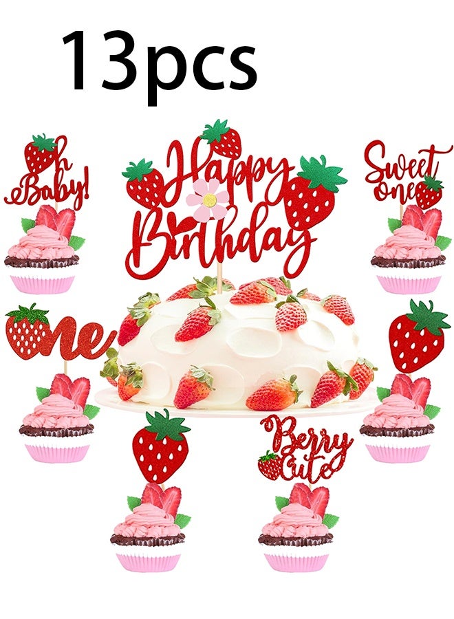 13 Pcs Strawberry Happy Birthday Cake Topper Strawberry Decorations Sweet Fruit Theme Berry 1st Birthday Cake Topper Strawberry Cupcake Toppers for Baby Shower Strawberry 1st Birthday - Image 1