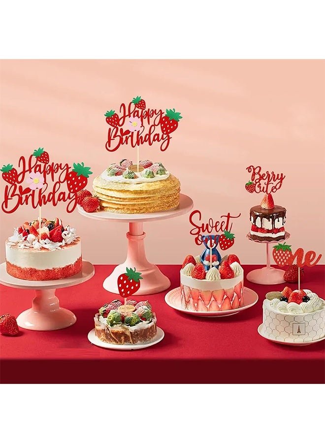13 Pcs Strawberry Happy Birthday Cake Topper Strawberry Decorations Sweet Fruit Theme Berry 1st Birthday Cake Topper Strawberry Cupcake Toppers for Baby Shower Strawberry 1st Birthday - Image 3