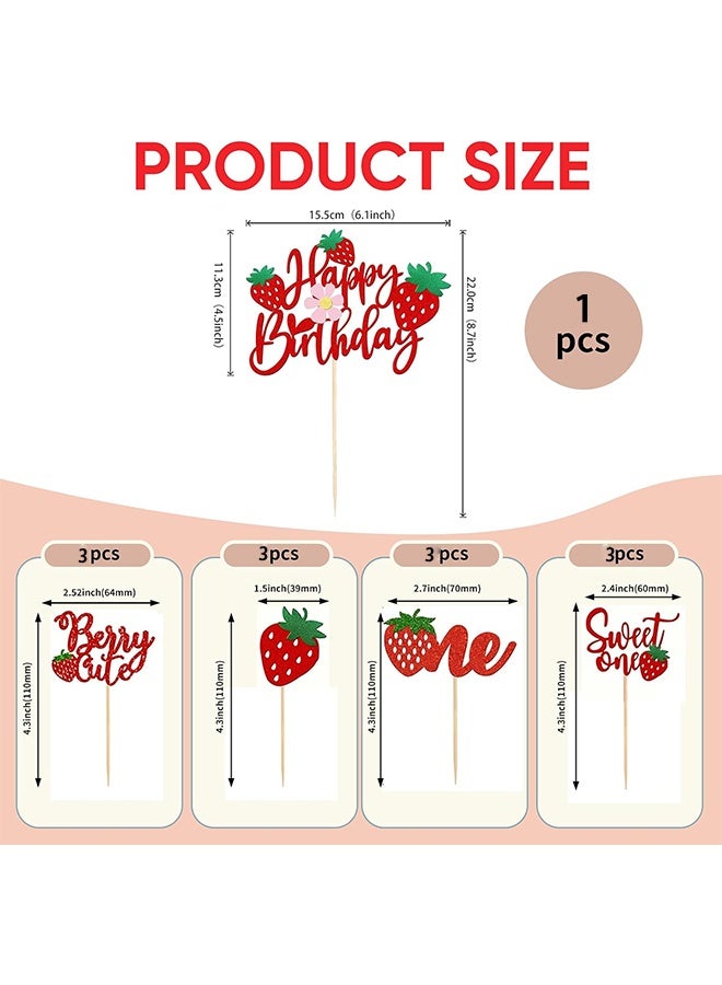 13 Pcs Strawberry Happy Birthday Cake Topper Strawberry Decorations Sweet Fruit Theme Berry 1st Birthday Cake Topper Strawberry Cupcake Toppers for Baby Shower Strawberry 1st Birthday - Image 2