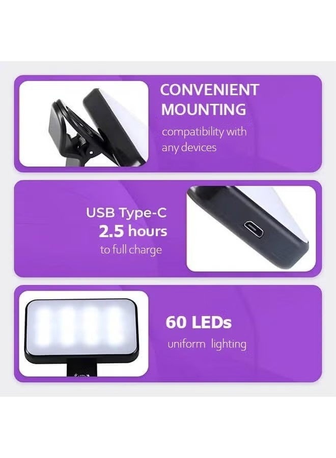 مصباح تصوير فوتوغرافي قابل للتثبيت على الهاتف والكمبيوتر المحمول، مصباح فيديو، لوحة إضاءة LED محمولة للكاميرا، مصباح LED للجيب للهاتف، قابل للتعتيم بثلاثة تأثيرات إضاءة، مصباح LED قابل لإعادة الشحن - Image 3
