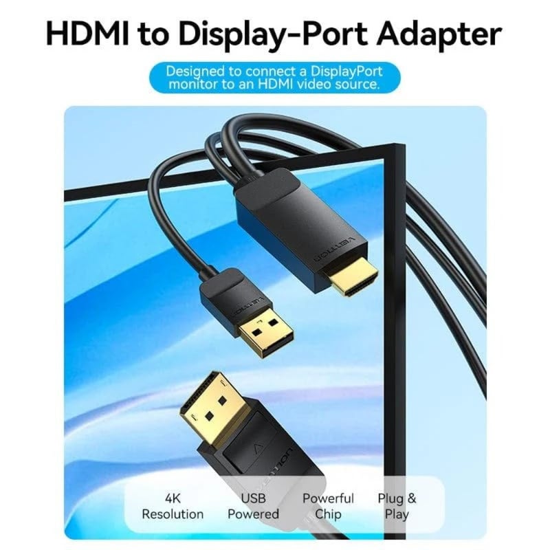 PC laptop and console display cable: unidirectional DisplayPort, 4K@60Hz, USB-A powered, 18Gbps speed, 1.5m black PVC - Image 3