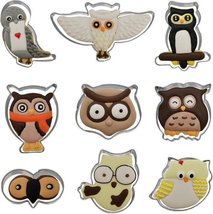 OWL SHAPED COOKIE CUTTERS SET OF 9 PCS STAINLESS STEEL WOODLAND OWLS FONDANT CUTTER MOLDS HALLOWEEN BAKING DIY