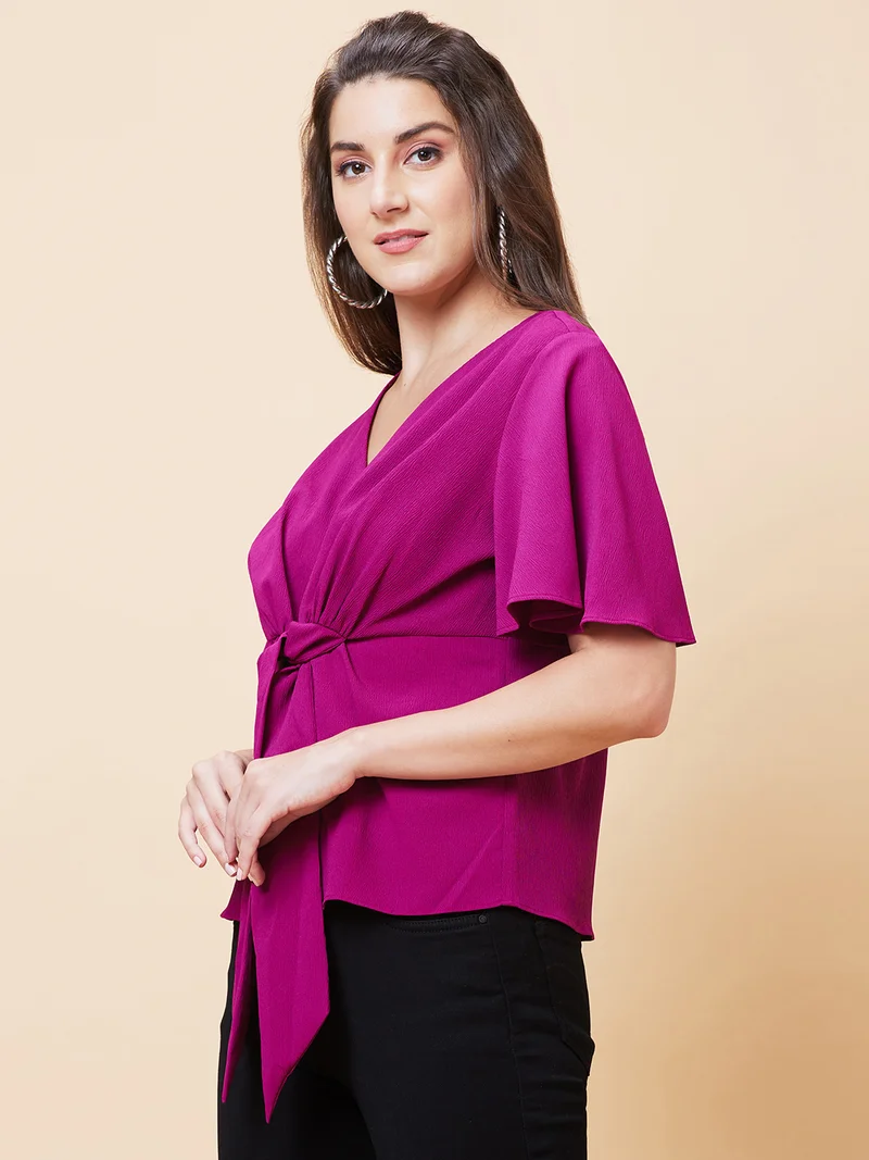 globus Women V-Neck Flared Sleeves V-Neck Waist Tie-Up Top