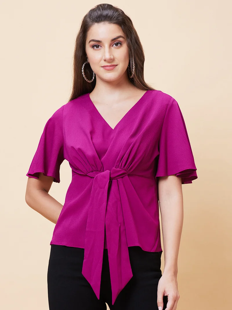 globus Women V-Neck Flared Sleeves V-Neck Waist Tie-Up Top