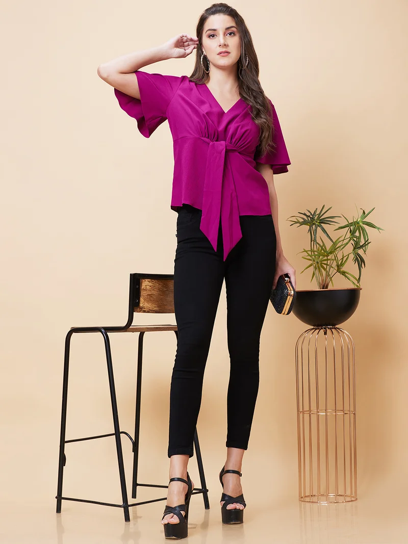 globus Women V-Neck Flared Sleeves V-Neck Waist Tie-Up Top