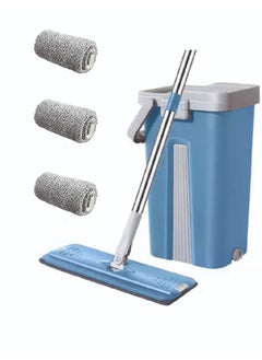 Dreamons link Flat Mop with Bucket, Cleaning Squeeze Hand Free Floor Mop, 3 Reusable Mop Pads, Stainless Steel Handle,360° Rotating Head Squeeze Flat Mop Set (Blue))