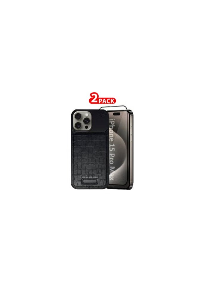 CATANES iPhone 15 Pro Max 2 Pack Case Leather Metal Design, Slim Lightweight Minimalist Cover,1 Case 1 Screen Protector  - Image 1