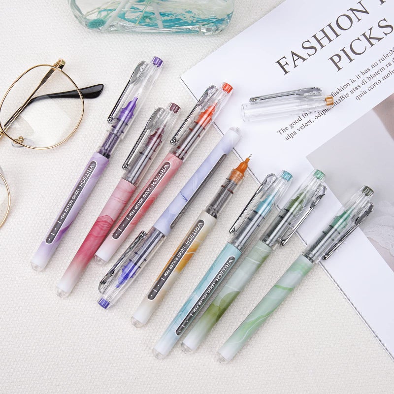 WRITECH Liquid Ink Rollerball Pens: Multi Colored 0.5mm Extra Fine Point Tip Rolling Roller Ball Pen 8ct Assorted Colors for Journaling Smooth Writing Note Taking No Bleed & Smudge & Smear - Image 5