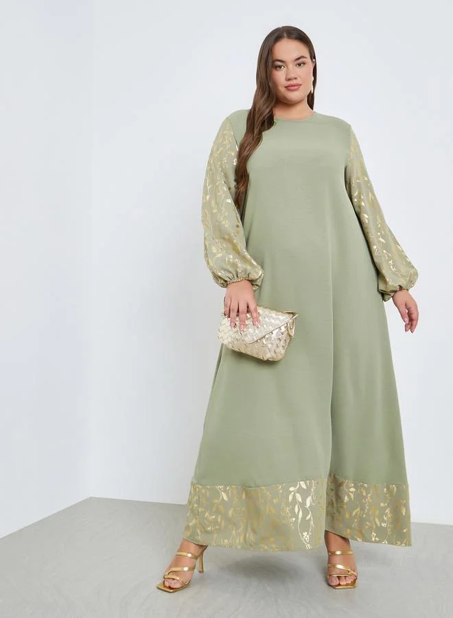 Plus Size Foil Print Balloon Sleeve Jalabiya