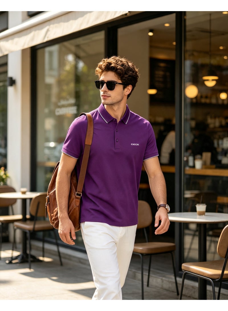 GEOX Men Classic Striped Collar Short Sleeve Polo Shirt Daily Business Casual Wear Violet Purple - Image 3