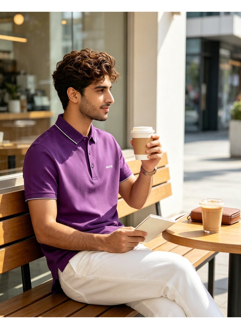 GEOX Men Classic Striped Collar Short Sleeve Polo Shirt Daily Business Casual Wear Violet Purple - Image 4