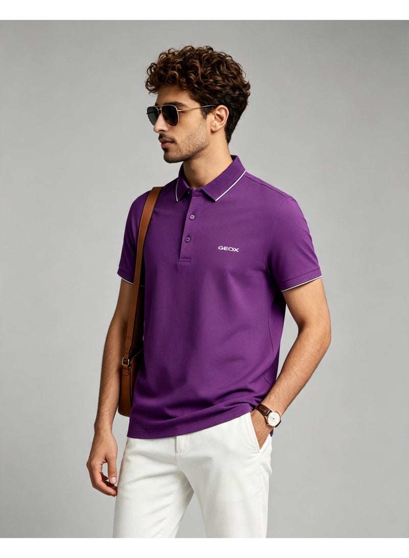 GEOX Men Classic Striped Collar Short Sleeve Polo Shirt Daily Business Casual Wear Violet Purple - Image 5