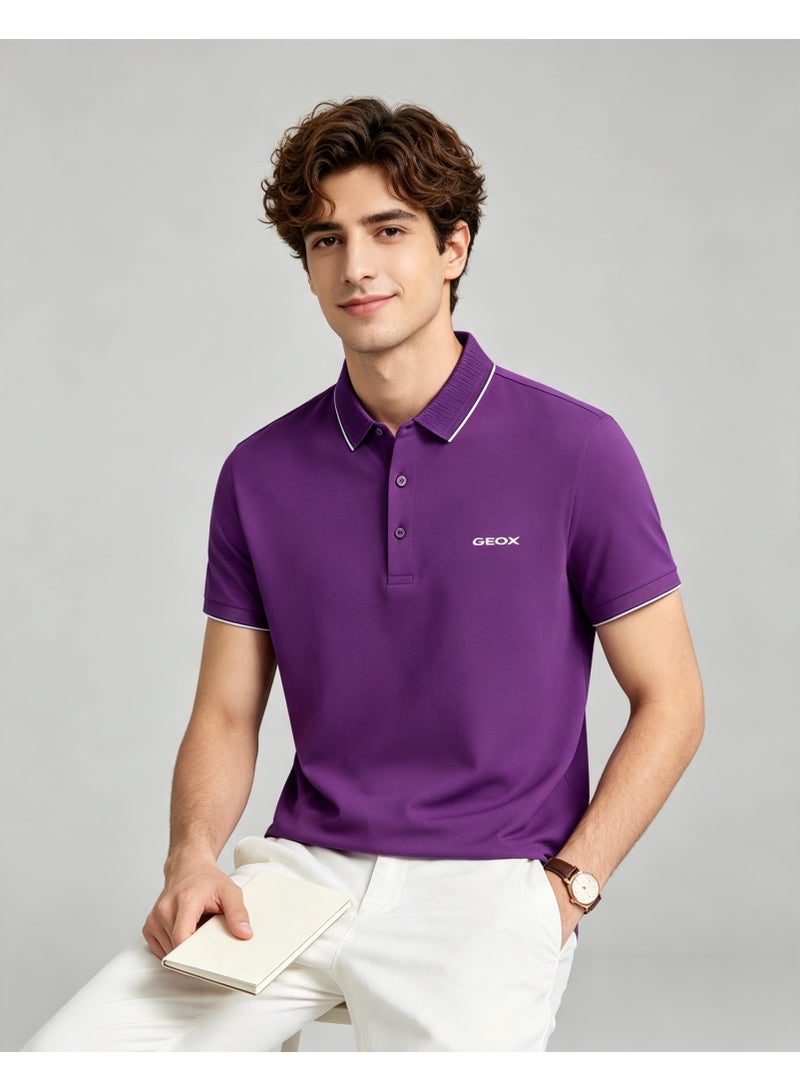 GEOX Men Classic Striped Collar Short Sleeve Polo Shirt Daily Business Casual Wear Violet Purple - Image 1