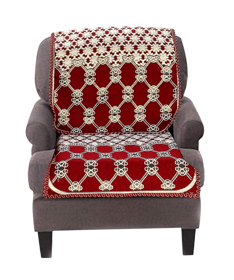 Nendle Luxurious Cotton Abstract Design 5 Seater Sofa Cover Set (Maroon, 6 Pieces) - Image 4