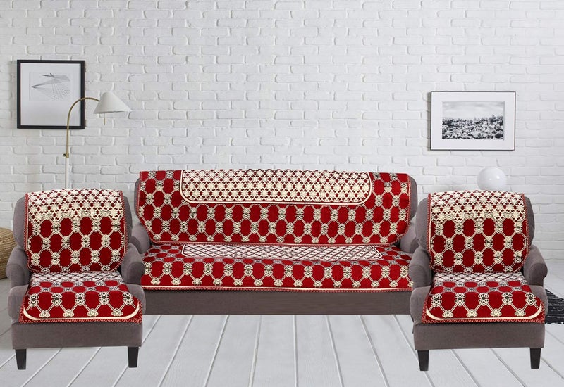 Nendle Luxurious Cotton Abstract Design 5 Seater Sofa Cover Set (Maroon, 6 Pieces) - Image 2