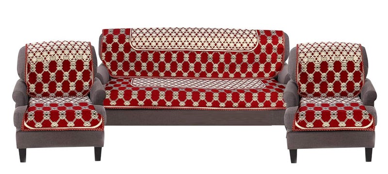 Nendle Luxurious Cotton Abstract Design 5 Seater Sofa Cover Set (Maroon, 6 Pieces) - Image 1