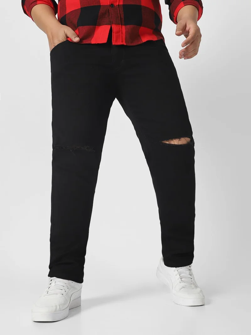 Urbano Plus Men's Black Regular Fit Knee Slit Distressed Jeans Stretchable