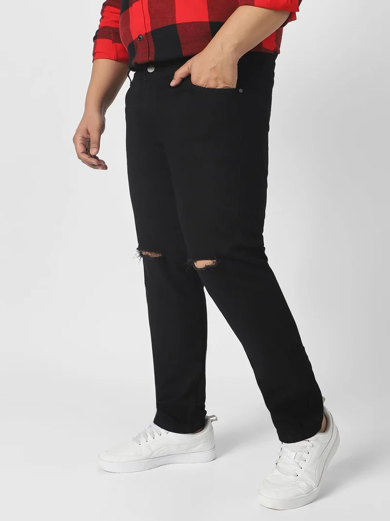 Urbano Fashion  Urbano Plus Men's Black Regular Fit Knee Slit Distressed Jeans Stretchable  | Best Price UAE