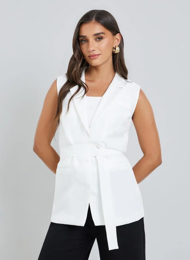 Styli Women White Belted Sleeveless Blazer