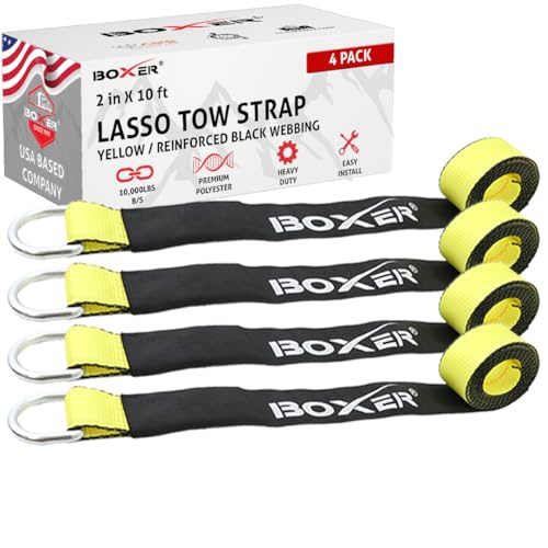 Boxer 2" x 10ft Pro Lasso Tow Strap with D Ring & Protective Sleeve – Car Tie Down, Auto Hauler, Auto Transport – 10,000lbs - 4 Pack - Image 1