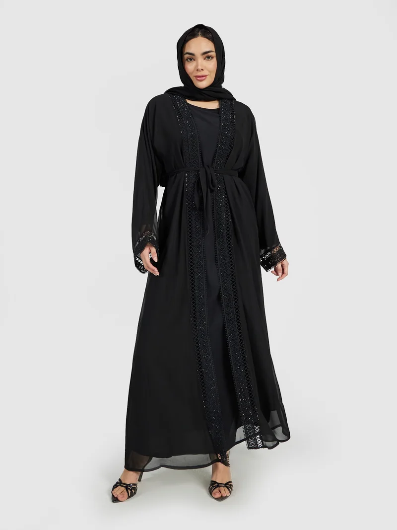 عباءات ريم Formal Black Open Abaya Set with Sequin Lace Border and Inner Dress
