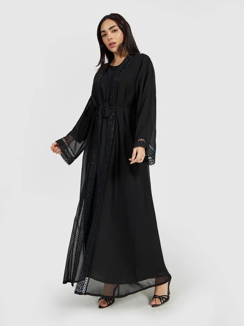 عباءات ريم Formal Black Open Abaya Set with Sequin Lace Border and Inner Dress