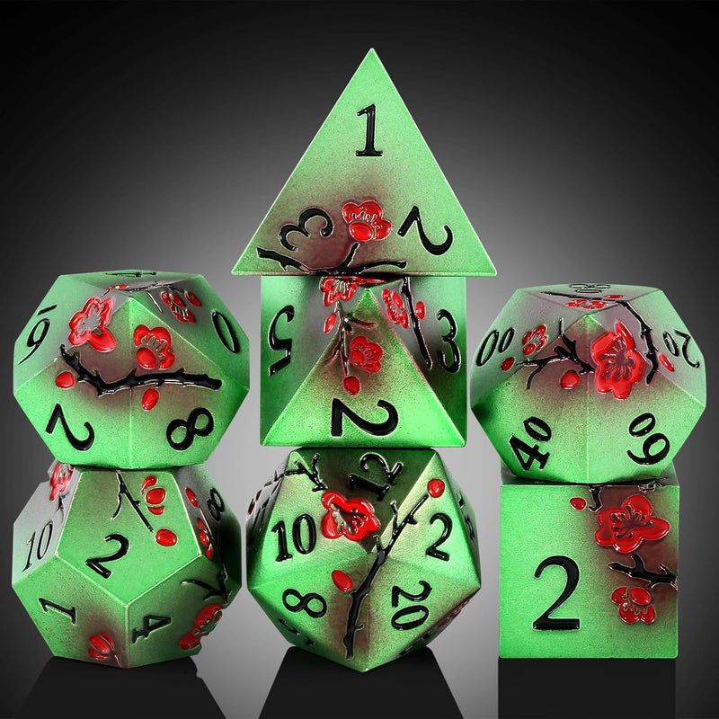DNDND Metal Dice Set D&D, 7 PCS Metallic Flowers DND Dice with Gorgeous Gift Case for D&D Dungeons and Dragon Tabletop Game (Green and Red) - Image 2