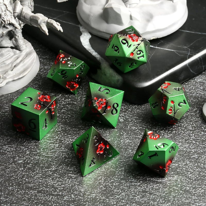 DNDND Metal Dice Set D&D, 7 PCS Metallic Flowers DND Dice with Gorgeous Gift Case for D&D Dungeons and Dragon Tabletop Game (Green and Red) - Image 4