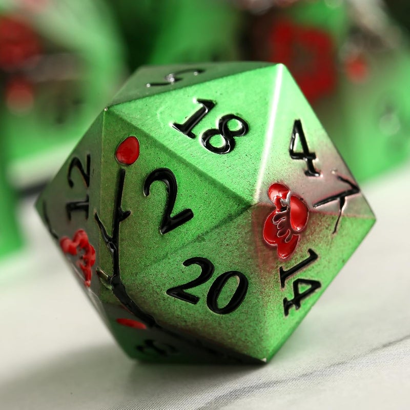 DNDND Metal Dice Set D&D, 7 PCS Metallic Flowers DND Dice with Gorgeous Gift Case for D&D Dungeons and Dragon Tabletop Game (Green and Red) - Image 3
