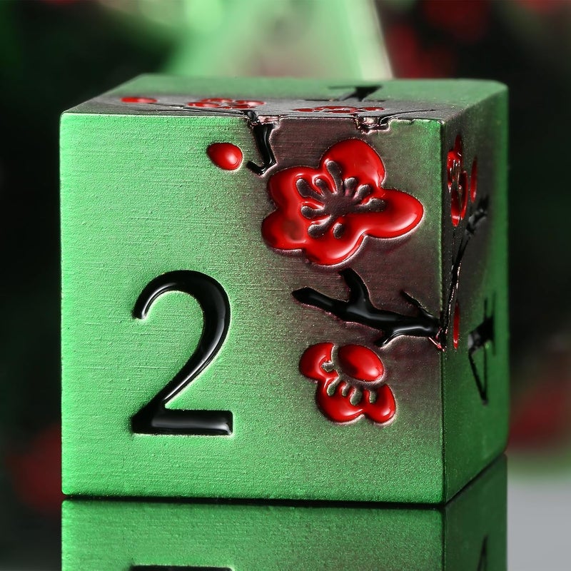 DNDND Metal Dice Set D&D, 7 PCS Metallic Flowers DND Dice with Gorgeous Gift Case for D&D Dungeons and Dragon Tabletop Game (Green and Red) - Image 1