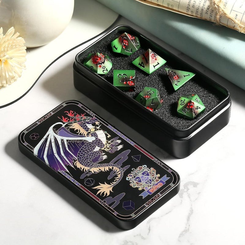 DNDND Metal Dice Set D&D, 7 PCS Metallic Flowers DND Dice with Gorgeous Gift Case for D&D Dungeons and Dragon Tabletop Game (Green and Red) - Image 5