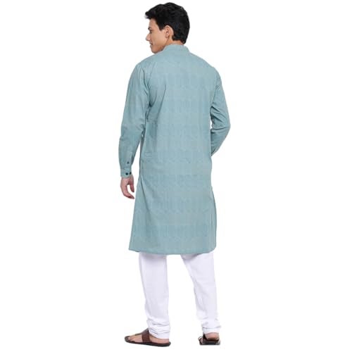 Fabindia Men's Green Cotton Printed Slim Fit Long Kurta - Image 4
