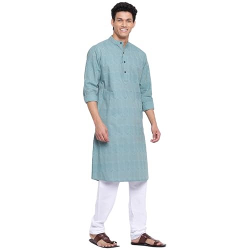 Fabindia Men's Green Cotton Printed Slim Fit Long Kurta - Image 3