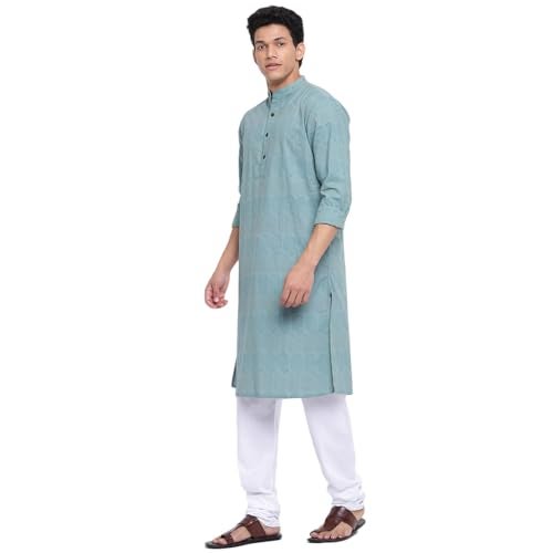 Fabindia Men's Green Cotton Printed Slim Fit Long Kurta - Image 2