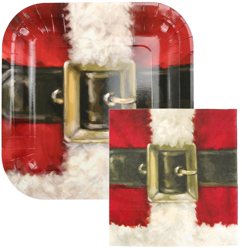 Iconikal 100-Piece Paper Dinner Christmas Party Pack  Santa's Belt Buckle  40 Paper Plates and 60 Paper Napkins - Image 1