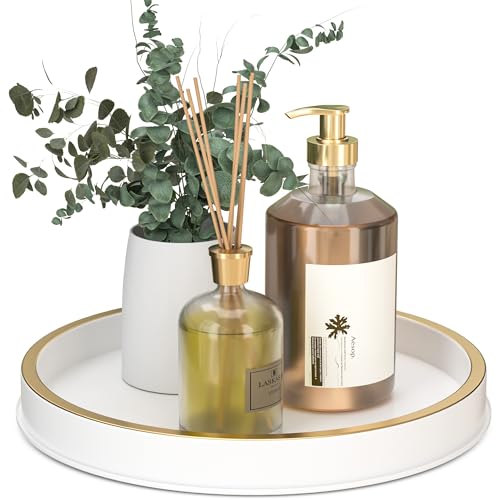 HGF 10" Small Gold and White Tray, Lightweight Metal Round Vanity Tray for Bathroom, Candle Holder for Living Room Decor - Image 1