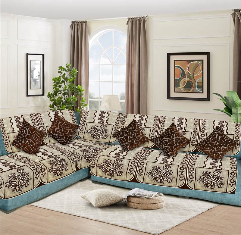 Dazzling DECOR L Shape Velvet Sofa Cover Set - Printed Sofa Back Slip Covers Panels 3 and 2 and 1 Seater Cover for Long Sofa Couch - Premium Slip Cover Protector with Cushion Covers, Brown_1001 - Image 1