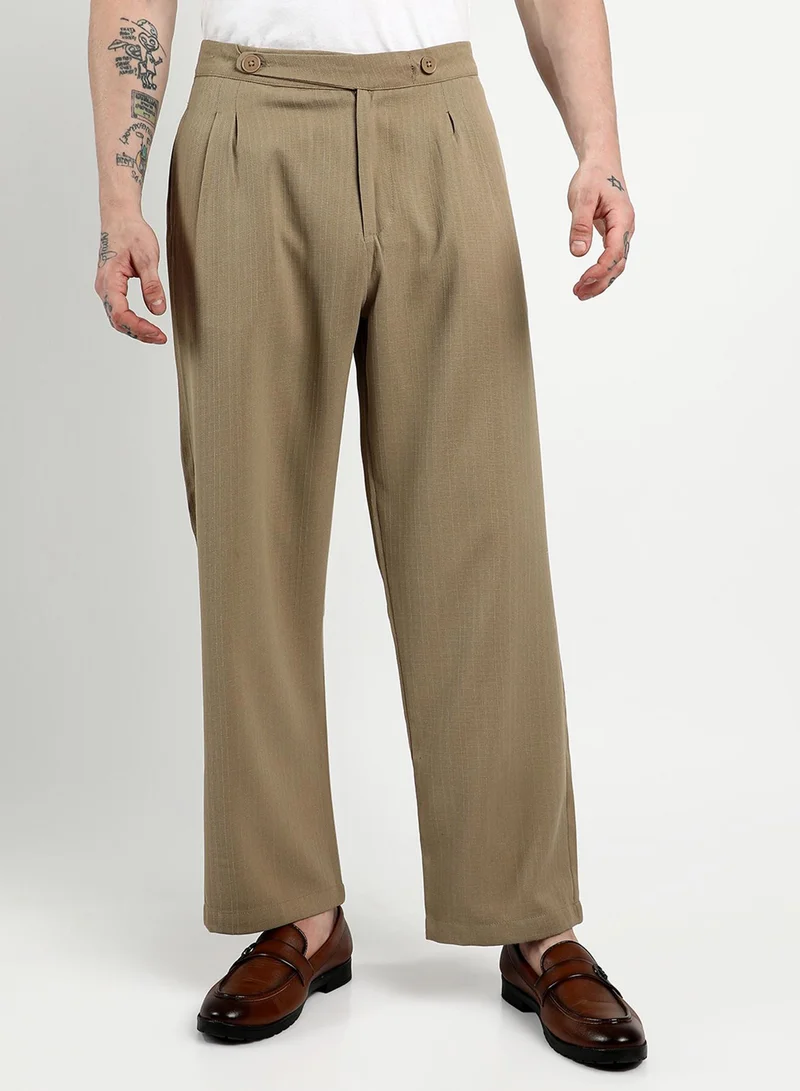 كامبوس سوترا Men's Khaki Brown Tailored Linen-Blend Trousers For Casual Wear | 4 Pockets | Tailored-Fit | Button Closure | Trousers Crafted With Comfort Fit For Everyday Wear