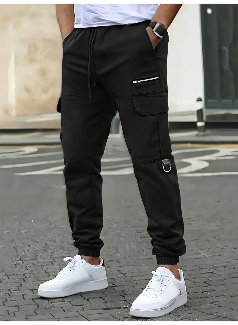Men's Black Cargo Pants Multi Pocket Straight Leg Loose Fit Casual Trousers - Image 1