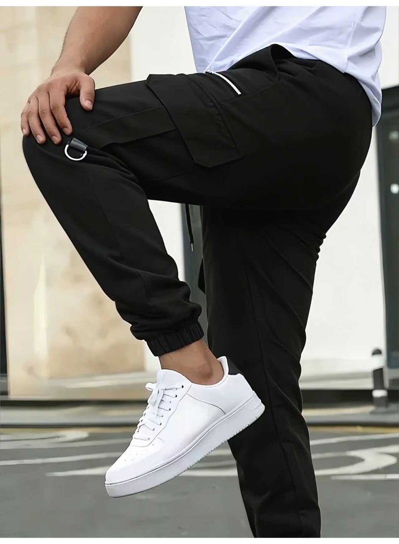 Men's Black Cargo Pants Multi Pocket Straight Leg Loose Fit Casual Trousers - Image 3