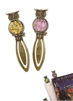 Generic 2 Pcs Owl Book Mark Bookmark Rulers Clips, Vintage Elegant Bronze Metal Bookmark Book Page with Dried Flower, Bookmark for Student Kids Teacher Book Club (Pink+Blue)  - Image 1